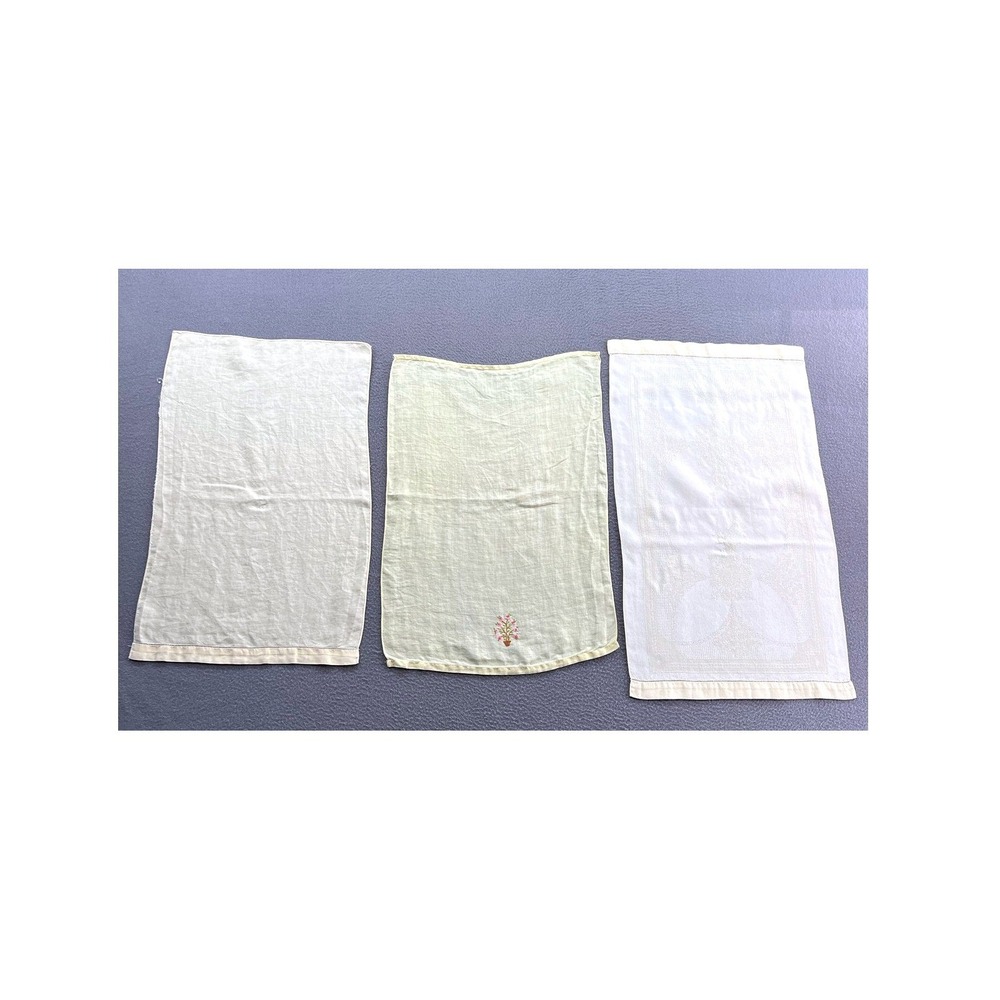 VTG Linen Hand Towel Set 3pc Embroidered Floral Damask Hemstitch Cream Yellow